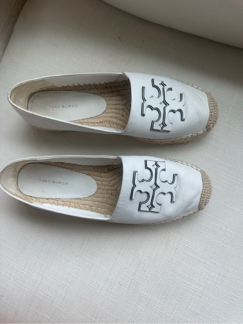 Tory Burch White Leather Espadrille Flats Double T Logo 9.5